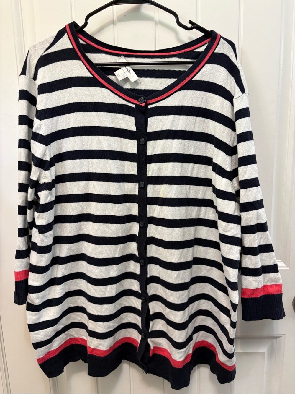 CJ Banks Striped Button-Front Cardigan with Pink Trim. Size 3X. 3/4 sleeves